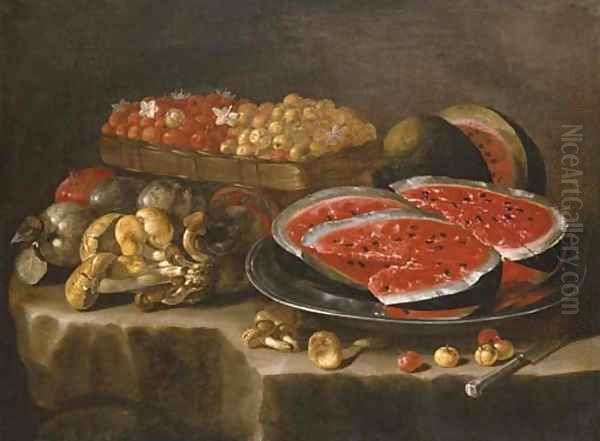 A still life of watermelon on a silver charger, berries in a basket, and a pomegranate, quinces and mushrooms on a stone ledge - view 1