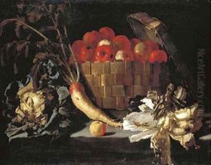 Apples in a wicker basket, with a cabbage, parsnip, lettuce and an apple on a stone ledge