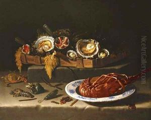Shellfish in a basket, a lobster in a bowl and shells, a crayfish and a crab on a stone ledge by Giuseppe Recco