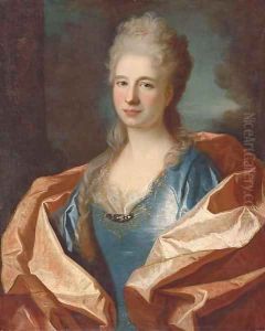 Portrait of a lady, bust-length, in a blue silk dress trimmed with lace and embroidered with gold thread and with a pink silk shawl by Jean Ranc