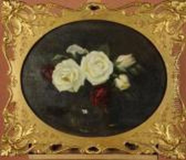 Still Life Of Red And White Roses, Held Ina Spherical Glass Vase - view 1