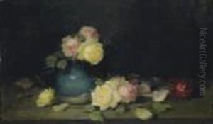 Pink And Yellow Roses In A Green Vase by James Stuart Park