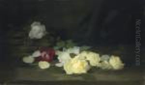 Yellow, White And Red Roses By A Basket by James Stuart Park
