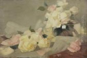 Still Life Of Pink And Lemon Roses And Glass Vase C1888 by James Stuart Park