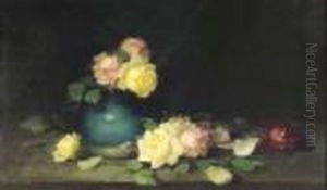 A Still Life Of Pink, Yellow And Red Roses by James Stuart Park