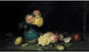 Still Life With Red, Pink And Yellow Roses In A Blue Vase by James Stuart Park