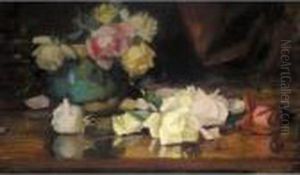 Still-life Of Roses In A Blue Vase by James Stuart Park