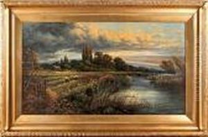 Evening River Landscape At Henley On Thames, With Figures Working In The Fields