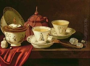 A Yixing Teapot and a Chinese Porcelain Tete-a-Tete on a Partly Draped Ledge by Pieter Gerritsz. van Roestraten