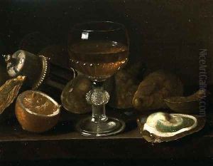 An Overturned Salt and a Wine Glass on a Ledge with Oysters and Lemons by Pieter Gerritsz. van Roestraten
