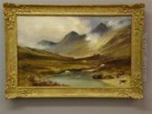 Landscape With Cattle Watering And Misty Mountains Beyond by Henry Hillier Parker