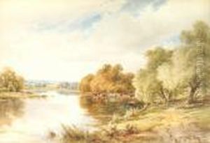 Cattle Watering By A Tranquil River by Henry Hillier Parker