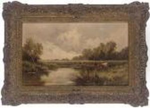 Cattle Watering In A River Landscape by Henry Hillier Parker