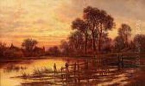 Landskap Med Vattendrag I Solnedgang by Henry Hillier Parker