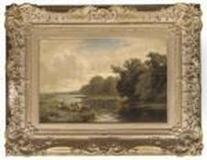 Cattle Watering On The Thames, Near Goring, Surrey by Henry Hillier Parker