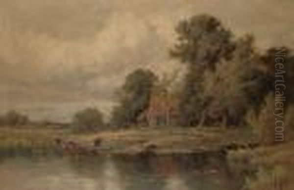 Cattle Watering By A River, A Cottage Beyond - view 1