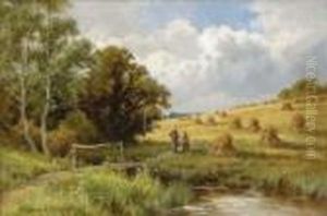 A Summer Landscape With Figures In A Hay Field