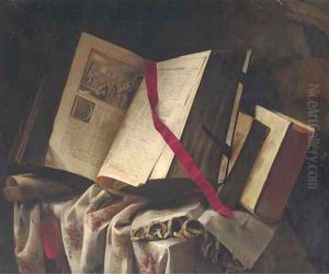 Books on a partly draped table by Pieter Gerritsz. van Roestraten