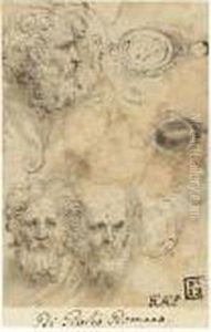 Sheet Of Studies With Four Heads
 Of Bearded Men One In Profile And Three Studies
 Of Pendant Jewels One With A Standing Figure 
And Another With An Oval Portrait
