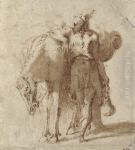 A Man Leaning Against A Laden Horse - view 1