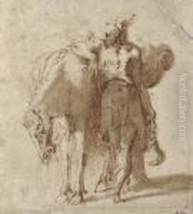 A Man Leaning Against A Laden Horse