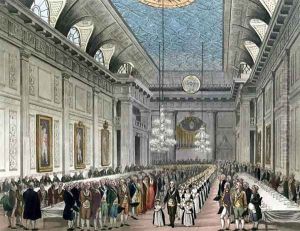 The Procession at Freemasons Hall, Queen Street, on the occasion of the Annual Dinner for young girls assisted by the Order, from Ackermanns Microcosm of London by T. Rowlandson & A.C. Pugin