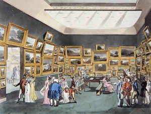Exhibition of Water Coloured Drawings, Old Bond Street, plate 34, from Ackermanns Microcosm of London, or, London in Miniature, published by Rudolph Ackermann 1764-1834 engraved by Joseph Constantine Stadler fl.1780-1812 1808 by T. Rowlandson & A.C. Pugin