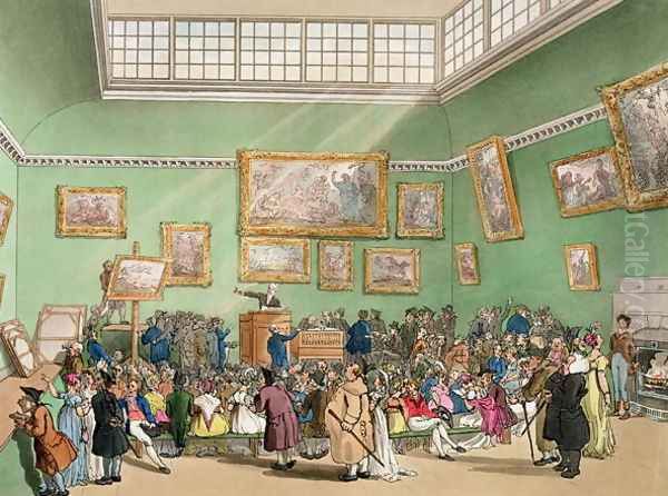 Christies Auction Room, aquatinted by J. Bluck fl.1791-1819 from Ackermanns Microcosm of London Vol 1, pub. 1809 - view 1