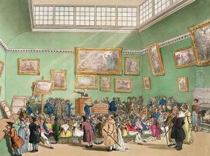 Christies Auction Room, aquatinted by J. Bluck fl.1791-1819 from Ackermanns Microcosm of London Vol 1, pub. 1809 by T. Rowlandson & A.C. Pugin