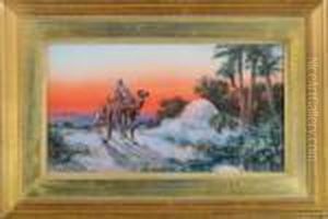 Two Arabs And A Camel On A Desert Path At Sunset by Paul Pascal