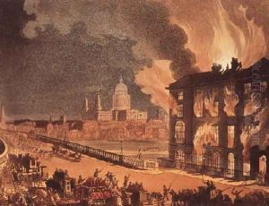 Fire at Albion Mill, Blackfrias Bridge, from Ackermanns Microcosm of London c.1808-11 by T. Rowlandson & A.C. Pugin