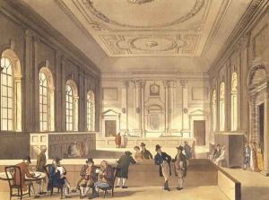 Dividend Hall at South Sea House, pub. by R. Ackermann, 1810 by T. Rowlandson & A.C. Pugin