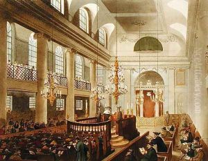 Synagogue, Dukes Place, Houndsditch, from Ackermann's 'Microcosm of London, engraved by Sunderland, 1809 by T. Rowlandson & A.C. Pugin