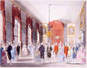 Drawing Room, St. Jamess, engraved by John Bluck fl.1791-1819 published by Ackermanns Repository of Arts, 1809 by T. Rowlandson & A.C. Pugin