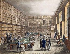 The Library at The Royal Institution, Albemarle Street, engraved by Joseph Constantine fl.1780-1812 Stadler, 1809 by T. Rowlandson & A.C. Pugin
