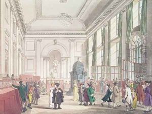 Bank of England, Great Hall, from Ackermanns Microcosm of London by T. Rowlandson & A.C. Pugin