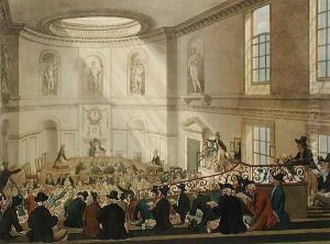 India House, The Sale Room, from Ackermanns Microcosm of London, engraved by Joseph Constantine Stadler fl.1780-1812, 1808 by T. Rowlandson & A.C. Pugin