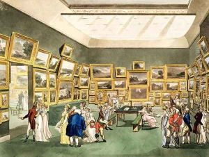 Exhibition of Watercoloured Drawings by the Society of Painters in Watercolours, from 'The Microcosm of London, engraved by J. C. Stadler fl.1780-1812, pub. by R. Ackermann 1764-1831 1808 by T. Rowlandson & A.C. Pugin