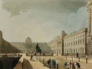 Somerset House, Strand, from Ackermanns Microcosm of London, engraved by John Bluck fl.1791-1819, 1809 by T. Rowlandson & A.C. Pugin