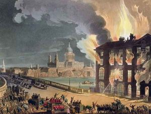 Fire at Albion Mill, Blackfriars Bridge, from Ackermanns Microcosm of London c.1808-11 by T. Rowlandson & A.C. Pugin