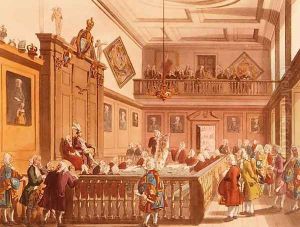 The Court of Chivalry in session in the Earl Marshals Court at the College of Arms from Ackermanns Microcosm of London, 1809