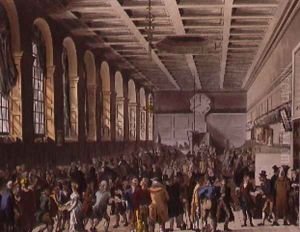 Custom House, the Long Room from Ackermanns Microcosm of London by T. Rowlandson & A.C. Pugin
