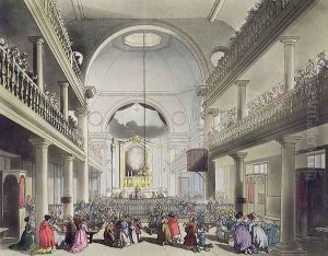 The Roman Catholic Chapel, Lincolns Inn Fields, from Ackermanns Microcosm of London, engraved by John Bluck fl.1791-1819, 1808 by T. Rowlandson & A.C. Pugin