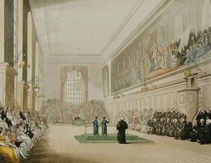 The Hall, Blue Coat School, from Ackermanns Microcosm of London, engraved by J. Hill, 1808