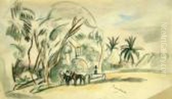 French -- Cart And Horses In A 
Tropical Village Landscape; Pencil, Black Chalk With Touches Of 
Watercolour, Bears Facsimile Signature, 13x21.5cm - view 1