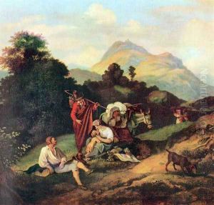 Italian landscape with resting wanderers by Adrian Ludwig Richter