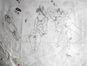 Trois Filles En Chemise Et Un Visage by Jules Pascin