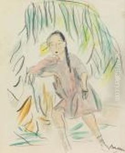Landschaft Mit Sitzendem Madchen. by Jules Pascin