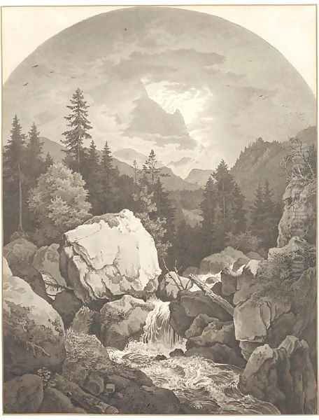 An extensive rocky landscape with a waterfall, mountains seen through clouds beyond - view 1