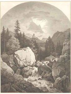 An extensive rocky landscape with a waterfall, mountains seen through clouds beyond by Adrian Ludwig Richter